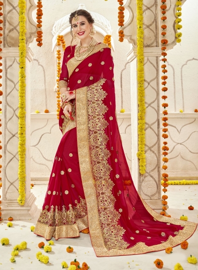Red Faux  Georgette  Embroidered  Traditional  Saree 5901